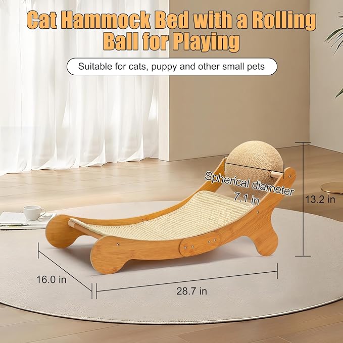 Cat Hammock Scratcher Bed – 3-in-1 Curved Lounge with Sisal Surface & Rolling Ball Toy, 28.7" Large Size for Small Pets