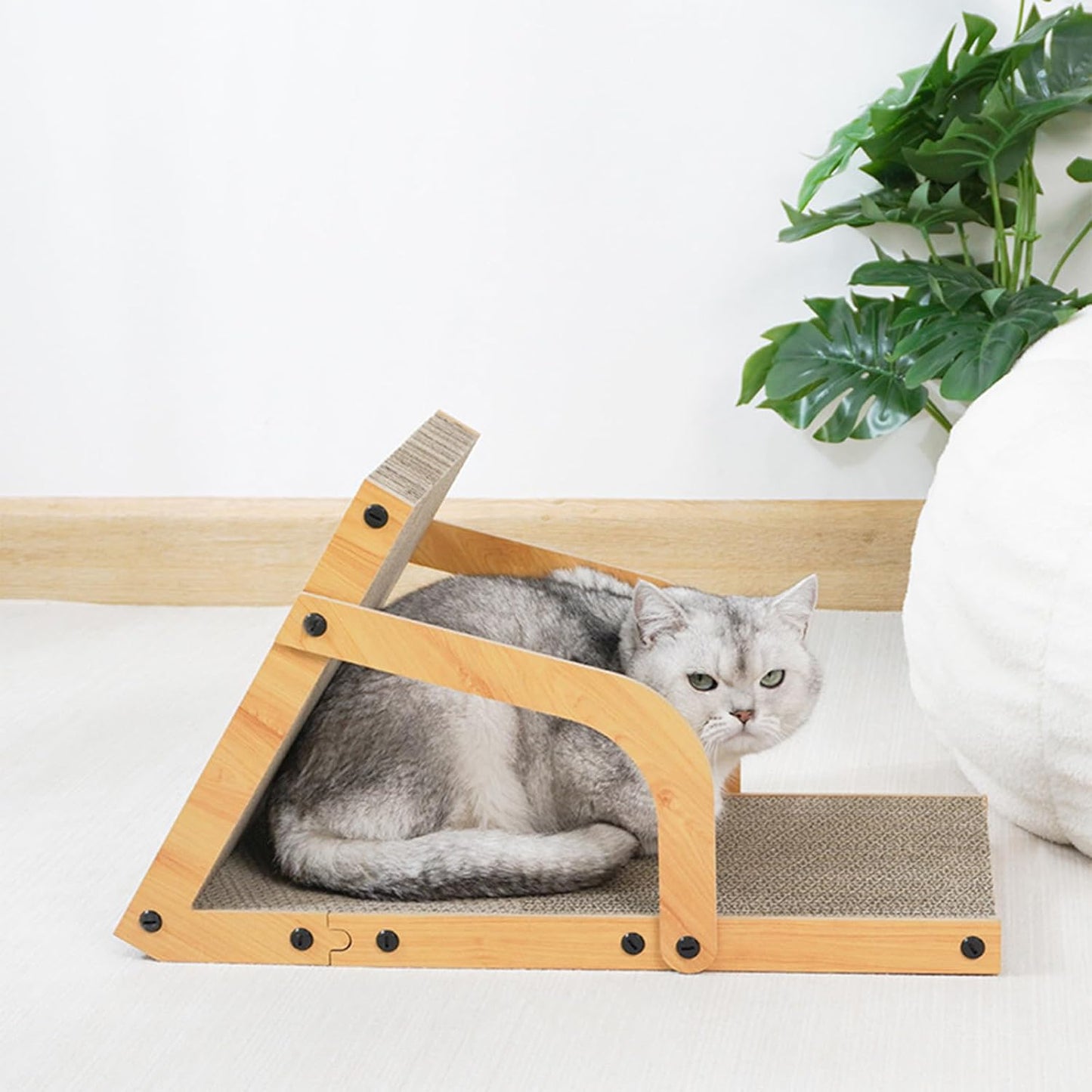 Adjustable Inclined Cat Scratcher – Corrugated Cardboard Scratch Board with Stable Wood Frame – Sloped Design for Daily Scratching and Stretching