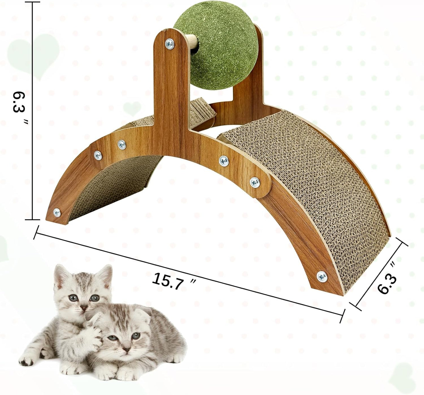 Curved Wooden Cat Scratcher with Catnip Ball – 15.7” Arch-Shaped Corrugated Cardboard Scratching Toy for Cats – Interactive Claw Care & Fun