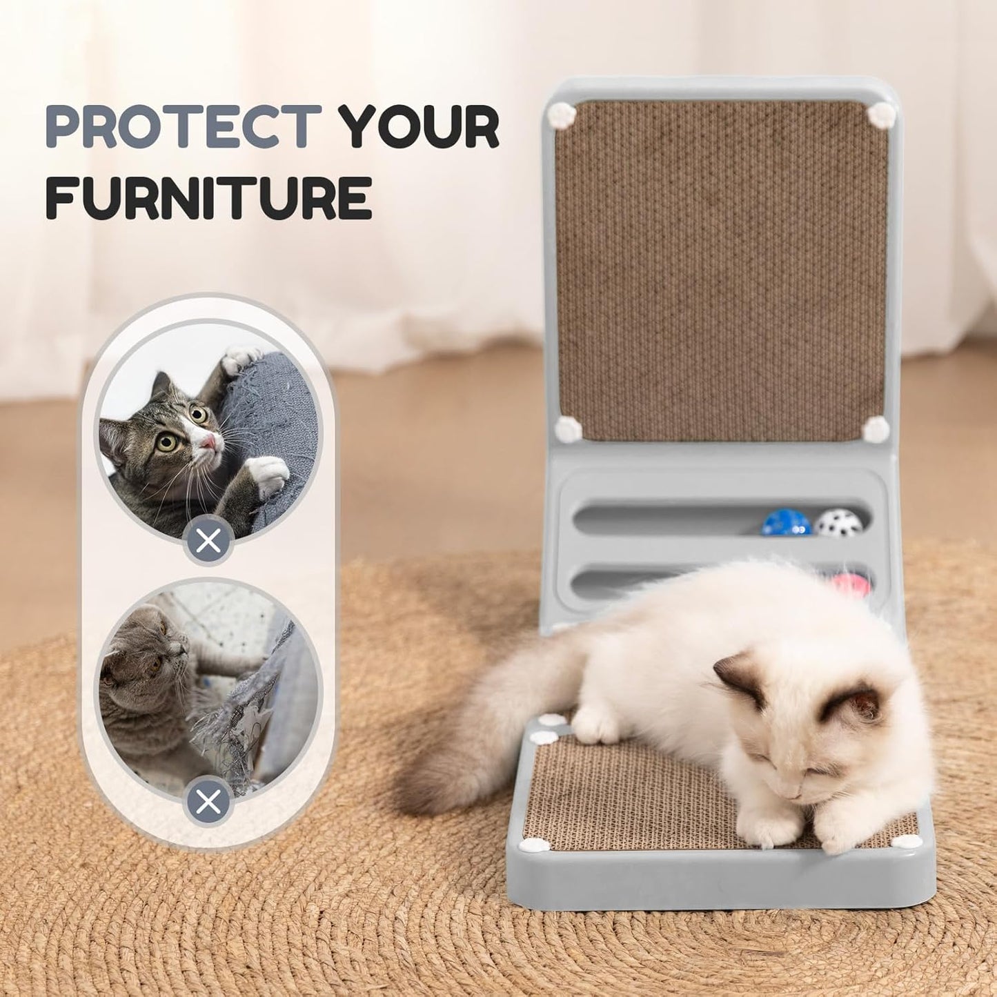 Multi-Functional L-Shaped Cat Scratcher – Vertical & Horizontal Design with Ball Track and Large 23.62" Scratching Area