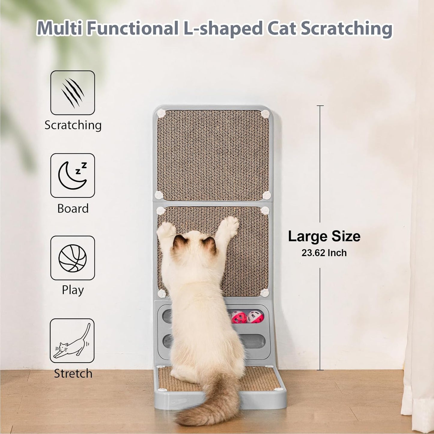Multi-Functional L-Shaped Cat Scratcher – Vertical & Horizontal Design with Ball Track and Large 23.62" Scratching Area