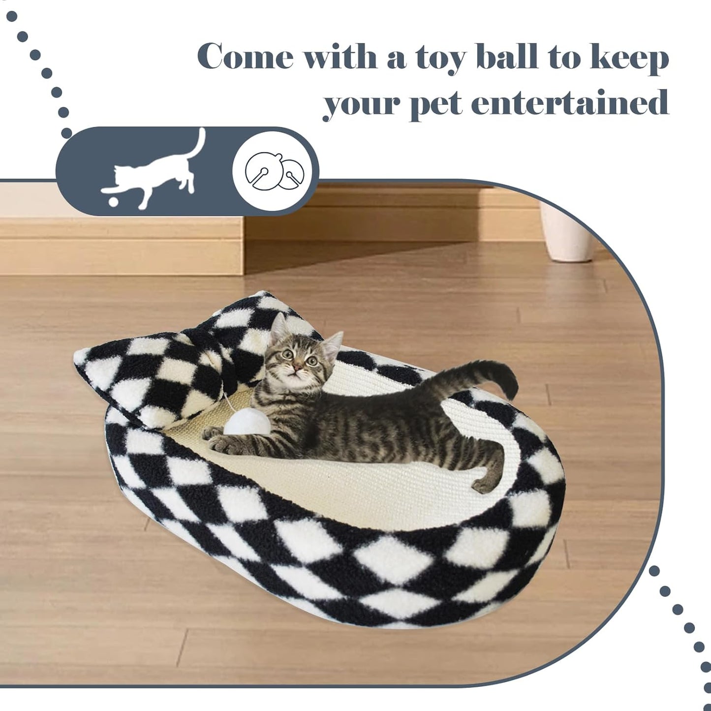 Cat Ear-Shaped Scratching Bed|Cute Plush Lounger with Sisal Edges & Hanging Ball
