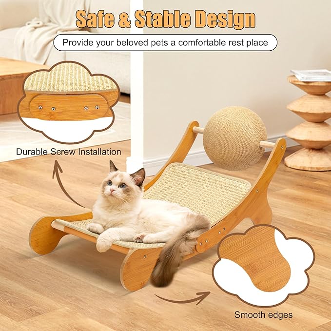 Cat Hammock Scratcher Bed – 3-in-1 Curved Lounge with Sisal Surface & Rolling Ball Toy, 28.7" Large Size for Small Pets