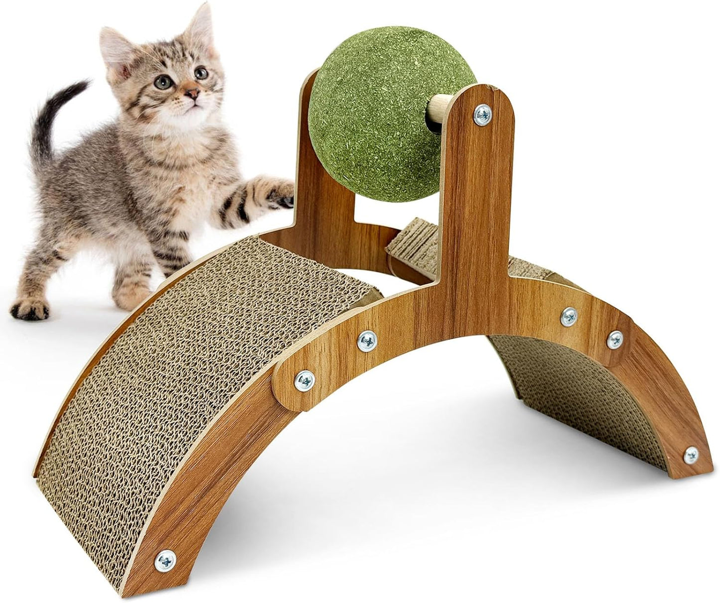 Curved Wooden Cat Scratcher with Catnip Ball – 15.7” Arch-Shaped Corrugated Cardboard Scratching Toy for Cats – Interactive Claw Care & Fun