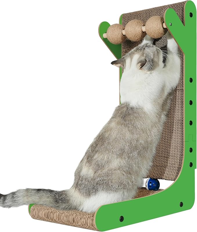 Vertical Green Cat Scratcher – 23.6" Corrugated Cardboard Scratch Tower with Hanging Balls & Rolling Toy – Multifunctional Climbing and Play Station for Cats
