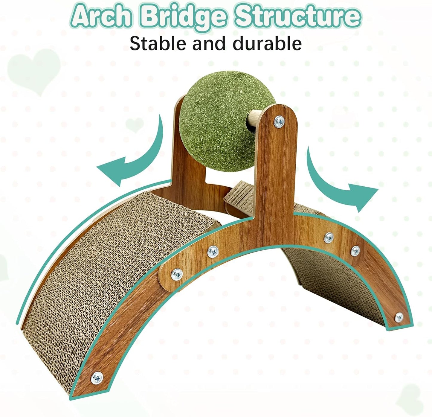 Curved Wooden Cat Scratcher with Catnip Ball – 15.7” Arch-Shaped Corrugated Cardboard Scratching Toy for Cats – Interactive Claw Care & Fun