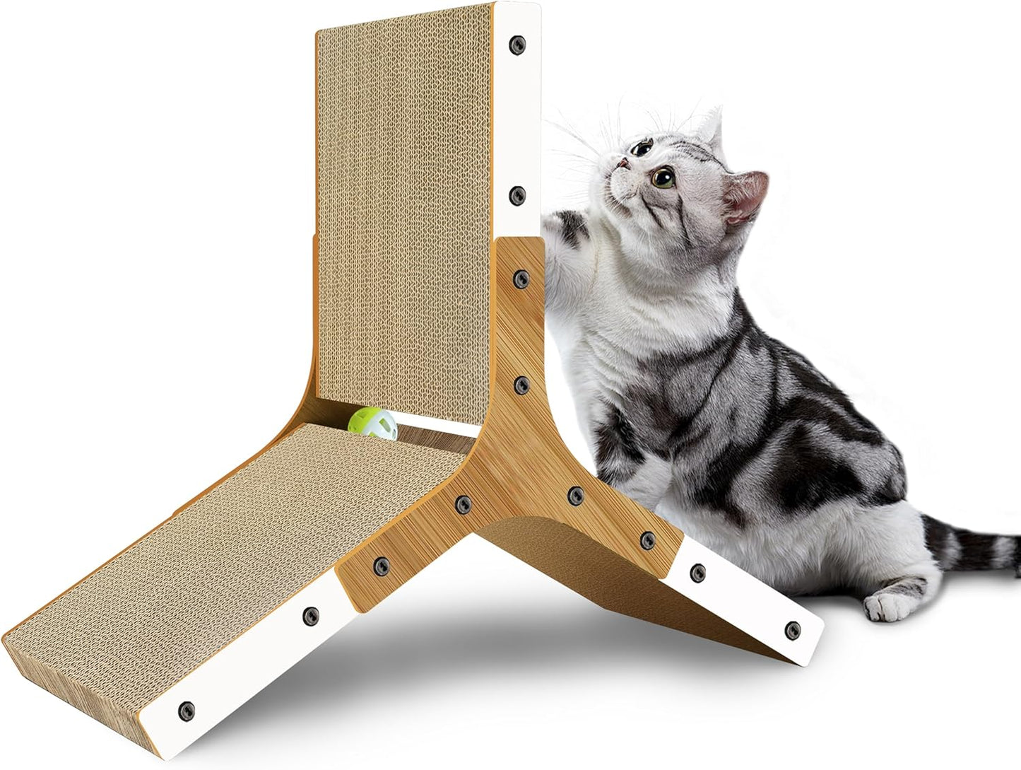 Foldable L-Shaped Cat Scratching Post Ramp – 19.3” Reversible Cardboard Scratcher with Built-in Toy Ball – Space-Saving and Durable Design