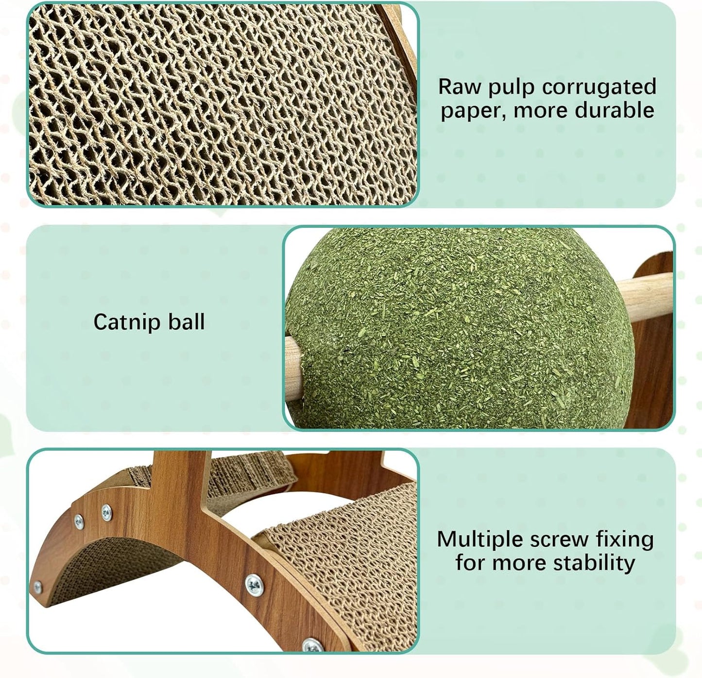 Curved Wooden Cat Scratcher with Catnip Ball – 15.7” Arch-Shaped Corrugated Cardboard Scratching Toy for Cats – Interactive Claw Care & Fun