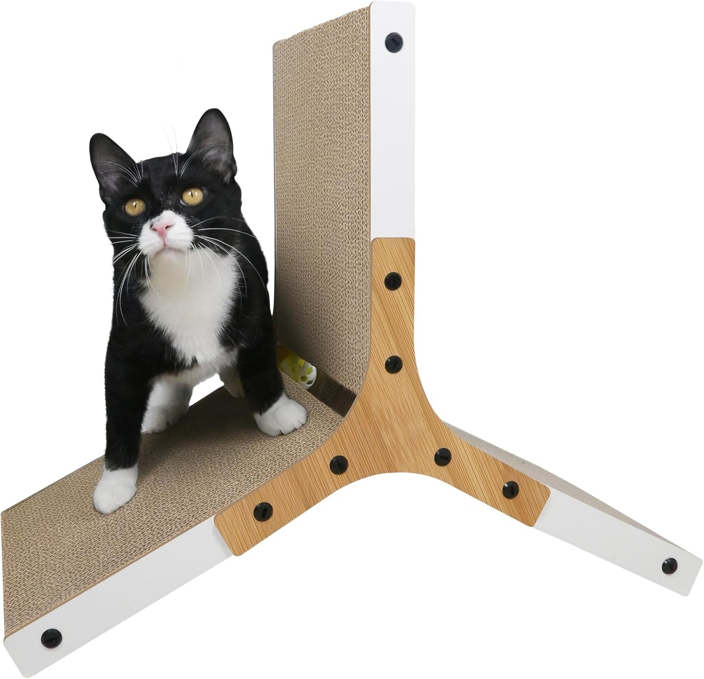 Foldable L-Shaped Cat Scratching Post Ramp – 19.3” Reversible Cardboard Scratcher with Built-in Toy Ball – Space-Saving and Durable Design