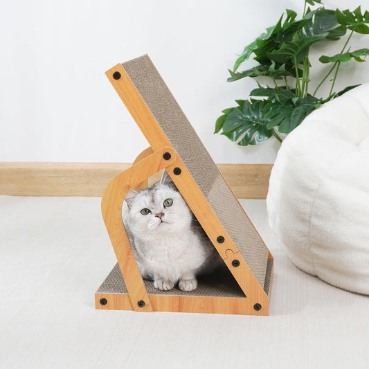 Adjustable Inclined Cat Scratcher – Corrugated Cardboard Scratch Board with Stable Wood Frame – Sloped Design for Daily Scratching and Stretching
