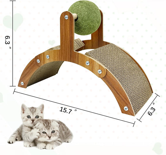 Curved Wooden Cat Scratcher with Catnip Ball – 15.7” Arch-Shaped Corrugated Cardboard Scratching Toy for Cats – Interactive Claw Care & Fun