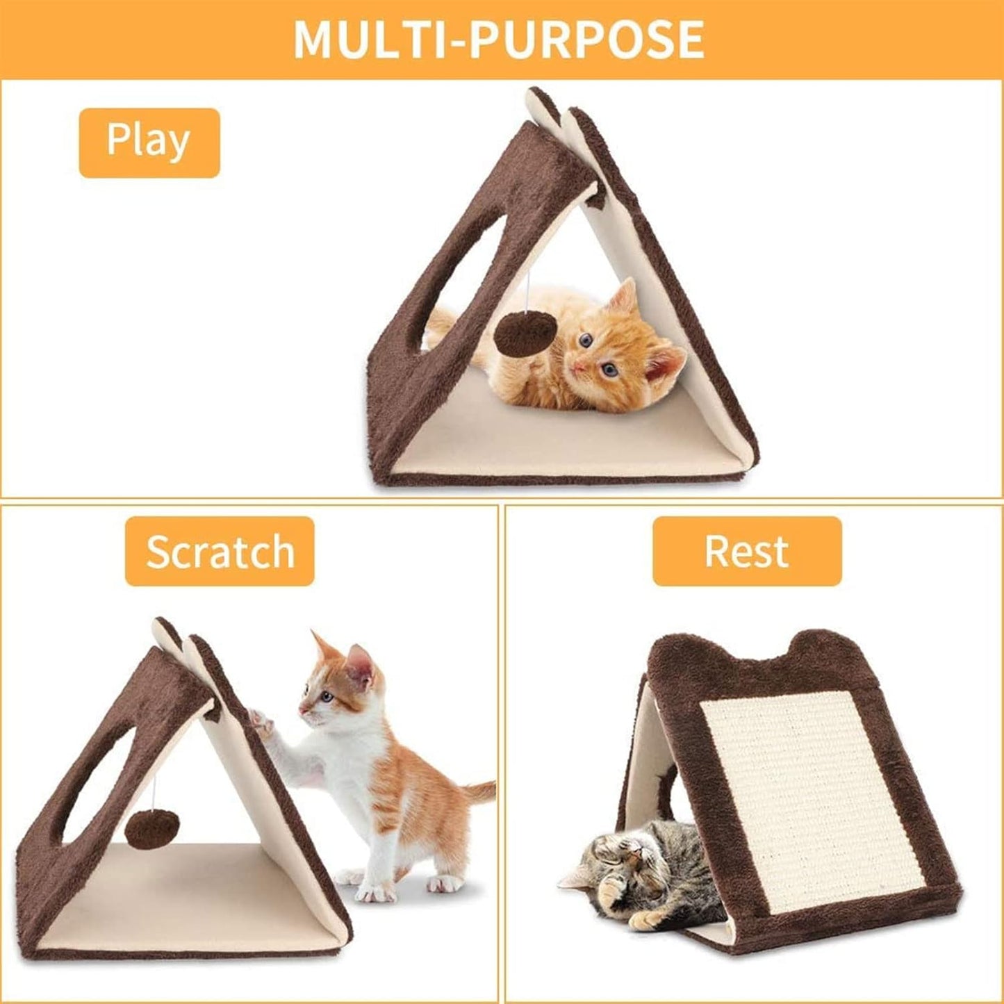 3-in-1 Triangle Cat Scratcher & Play Tent – Multi-Functional Cat Hideout with Toy Ball and Resting Area