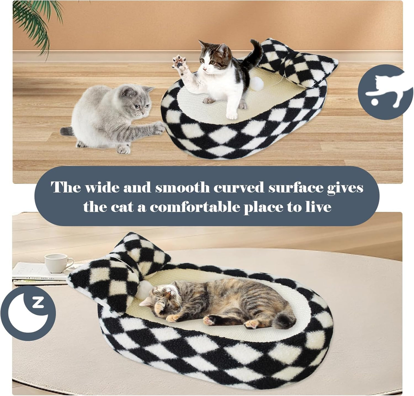 Cat Ear-Shaped Scratching Bed｜Cute Plush Lounger with Sisal Edges & Hanging Ball
