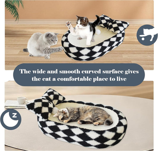 Cat Ear-Shaped Scratching Bed｜Cute Plush Lounger with Sisal Edges & Hanging Ball