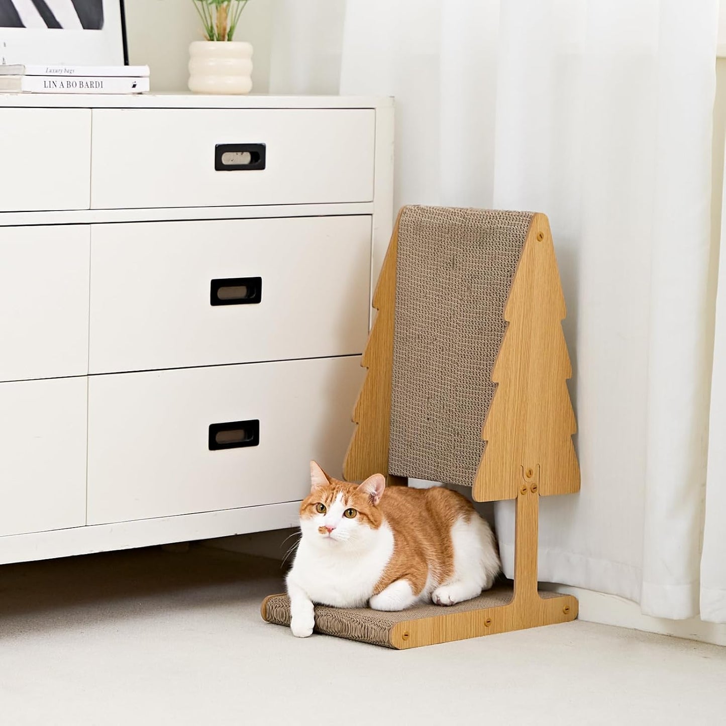 Freestanding Cat Scratching Post – Extra Thick Replaceable Cardboard Pads with Stable Wooden Frame Design