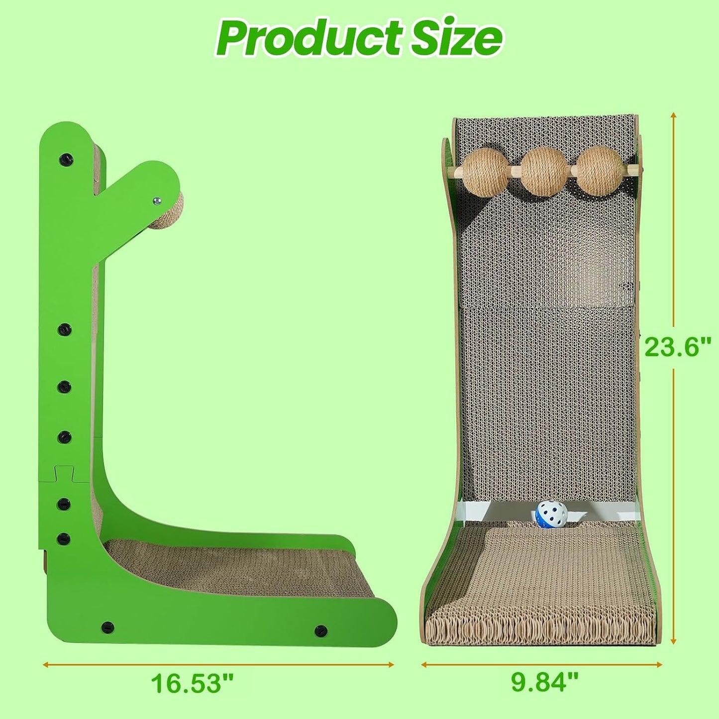 Vertical Green Cat Scratcher – 23.6" Corrugated Cardboard Scratch Tower with Hanging Balls & Rolling Toy – Multifunctional Climbing and Play Station for Cats
