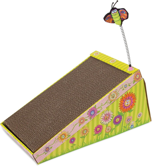 Inclined Cat Scratcher with Butterfly Toy – Corrugated Cardboard Scratching Ramp with Colorful Flower Design for Indoor Cats