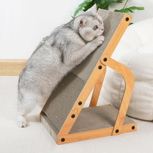 Adjustable Inclined Cat Scratcher – Corrugated Cardboard Scratch Board with Stable Wood Frame – Sloped Design for Daily Scratching and Stretching