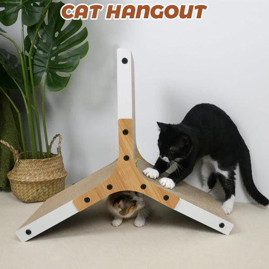 Foldable L-Shaped Cat Scratching Post Ramp – 19.3” Reversible Cardboard Scratcher with Built-in Toy Ball – Space-Saving and Durable Design
