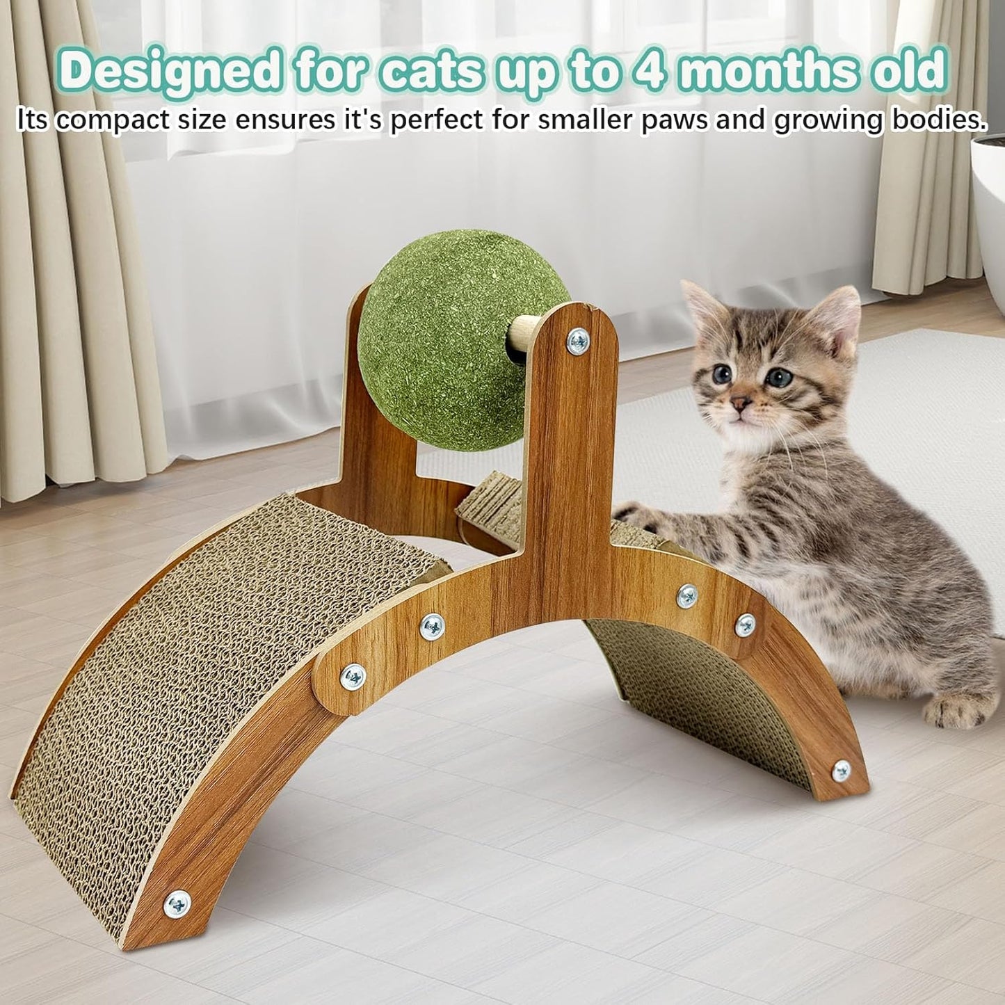 Curved Wooden Cat Scratcher with Catnip Ball – 15.7” Arch-Shaped Corrugated Cardboard Scratching Toy for Cats – Interactive Claw Care & Fun