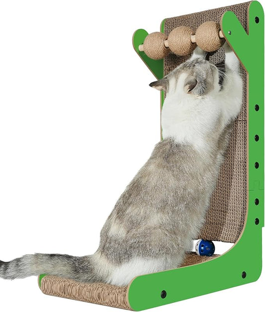 Vertical Green Cat Scratcher – 23.6" Corrugated Cardboard Scratch Tower with Hanging Balls & Rolling Toy – Multifunctional Climbing and Play Station for Cats