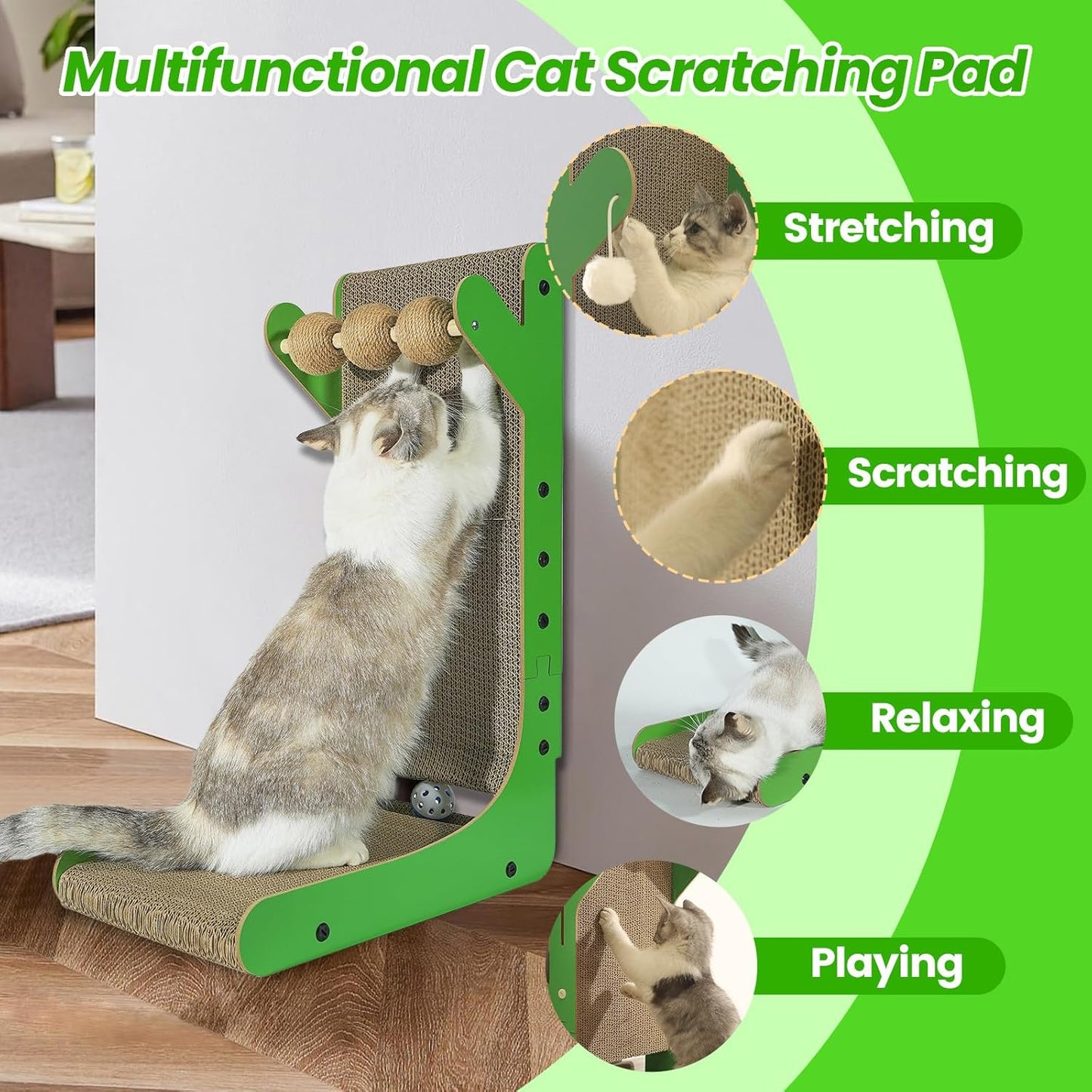 Vertical Green Cat Scratcher – 23.6" Corrugated Cardboard Scratch Tower with Hanging Balls & Rolling Toy – Multifunctional Climbing and Play Station for Cats