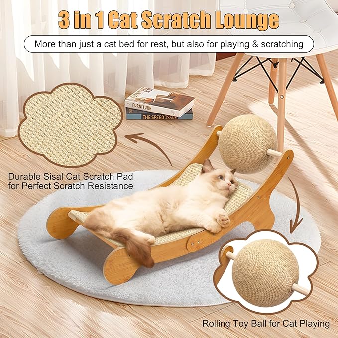 Cat Hammock Scratcher Bed – 3-in-1 Curved Lounge with Sisal Surface & Rolling Ball Toy, 28.7" Large Size for Small Pets